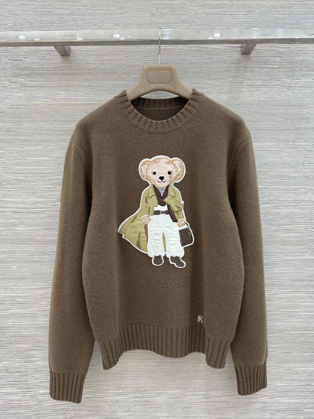 Rare Ralph Lauren Purple Label Polo Bear Trench Bear Cashmere Sweater Brown Crew